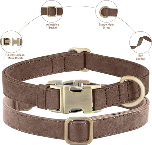 Genuine Leather Dog Collar - Adjustable Pet Collar with Quick Release Metal Buckle, Soft Skin Friendly Real Leather Collar for Small, Medium, Large Dogs (Dark Brown, S:Fit 8-16" Neck)