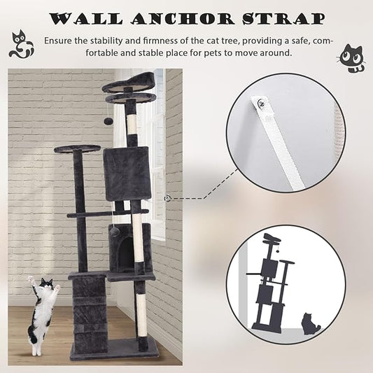 Heavy Duty Cat Tree Tower, 70" Tall Cat Tower for Indoor Cats with Cat Scratching Post with Bed, Cat Condo, Hanging Ball, Multi-Level Cat Climbing Tower Cat Trees Furniture Activity Center, Light Grey