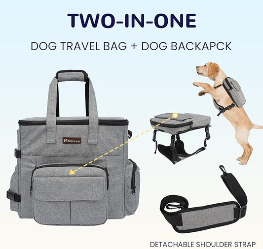 Modoker Dog Travel Organizer with 2 Collapsible Bowls for Supplies & Accessories, Airline Approved Dog Tote Pet Travel Bag with 2 Travel Food Container