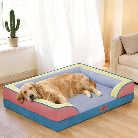 Comfort Expression Orthopedic Dog Bed for Extra Large Dogs 45x35 Inch, Waterproof Egg Crate Foam XL Pet Bed with Removable Bolsters, Dog Couch with Washable Cover & Non-Slip Bottom, Funfetti Fiesta