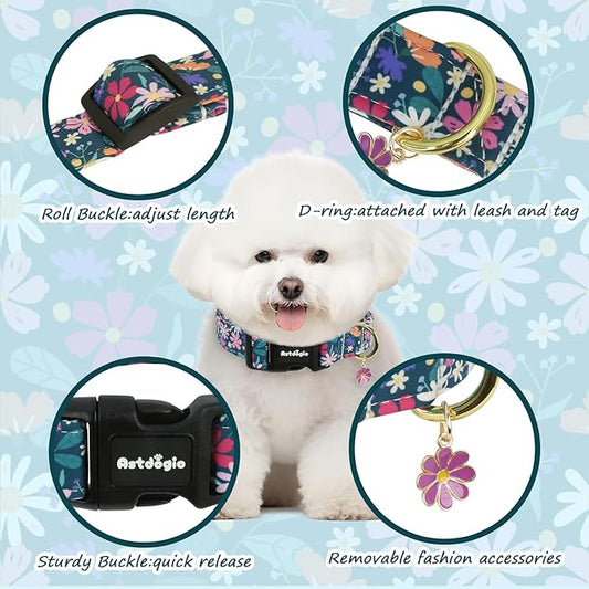 Dog Collar for Medium Dogs, Spring Dark Green Dog Collars with Flowers Pattern, Adjustable Cotton Dog Collars, Cute Girl or Boy Dog Collar Ideal for Gifts,Pet Accessory