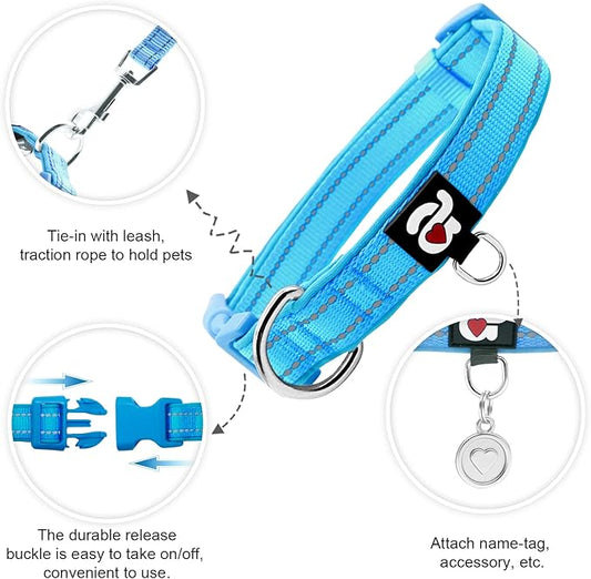 azuza Reflective Dog Collar,Soft Neoprene Padded Pet Collar with ID Tag Ring,Adjustable for Small Dogs,Sky Blue,S
