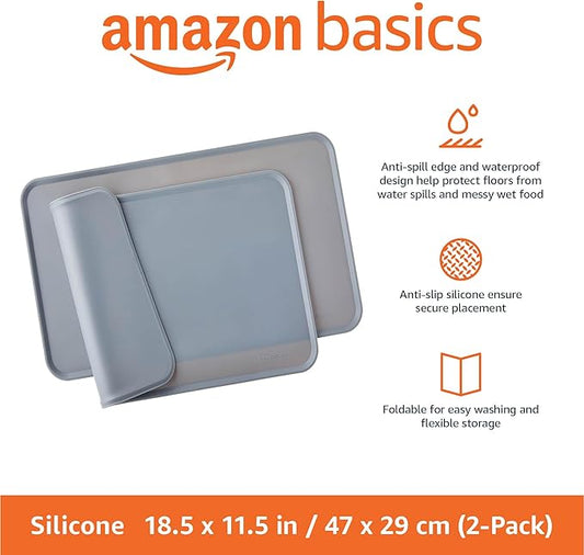 Amazon Basics Waterproof Non-Slip Silicone Pet Feeding Mat with Raised Edges, Prevents Spills, Easy to Clean, Protects Floors for Cat & Dog Food and Water Bowls, 18.5 x 11.5 Inches, Gray, 2-Pack