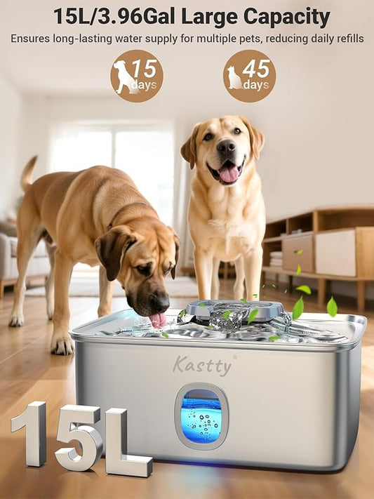 Kastty 4 Gal Dog Water Fountain for Large Dogs,15L Stainless Steel Dog Water Bowl Dispenser Triple Filtration,Ultra Quiet Automatic Pet Water Fountain with Water Level Window and LED Light(FS76)