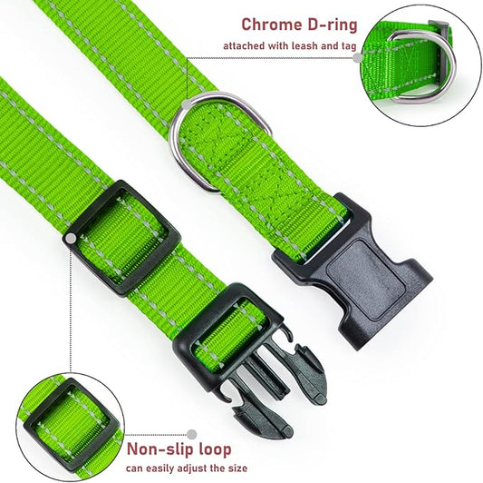 Reflective Dog Collar with Buckle Adjustable Safety Nylon Collars for Small Medium Large Dogs, Grass Green XXS