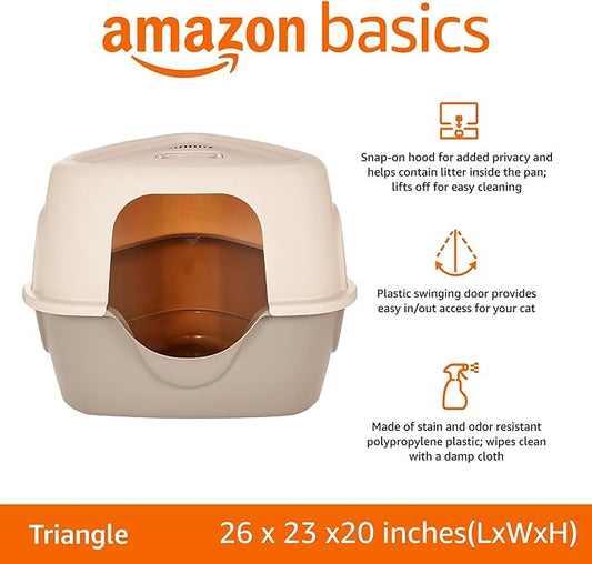 Amazon Basics Cat Litter Box with Lid, No-Mess, Enclosed Spacious Design with Odor Control, Charcoal Filter, 26" x 23" x 20", Charcoal