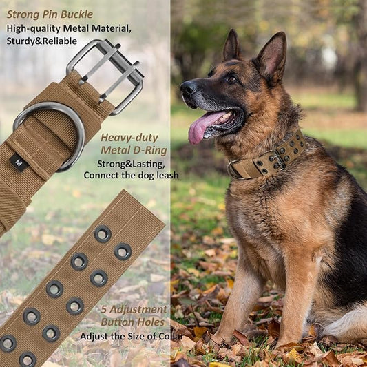 Tactical Dog Collar Military Adjustable Dog Collars Soft Nylon Training Collar with Patch Heavy Duty Metal Buckle Collars for Medium Large Dogs (Brown, M)