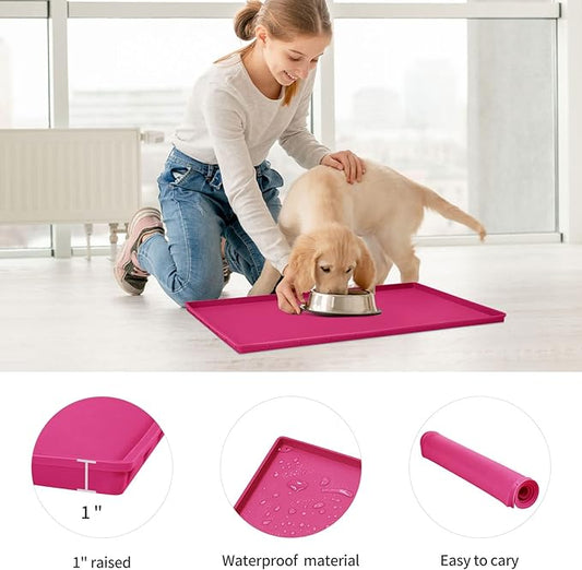 Dog Food Mat,Silicone Waterproof Food Tray,Non Slip Pet Bowl Mats Placemat,1" Raised Edge,Suitable for Most Small and Medium Sized Pets,32" x 24"