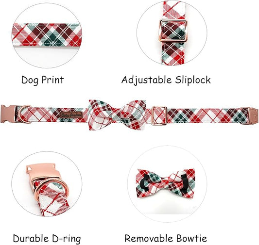 Dog Collar, Christmas Dog Collar Plaid Pet Collar Bow Holiday Bows Girl Boy Puppy Collar Adjustable Pet Collar for X-Small Dogs