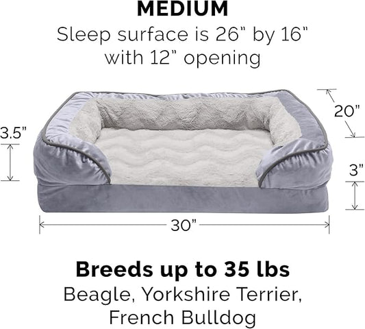 Furhaven Memory Foam Dog Bed for Medium/Small Dogs w/ Removable Bolsters & Washable Cover, For Dogs Up to 35 lbs - Plush & Velvet Waves Perfect Comfort Sofa - Granite Gray, Medium