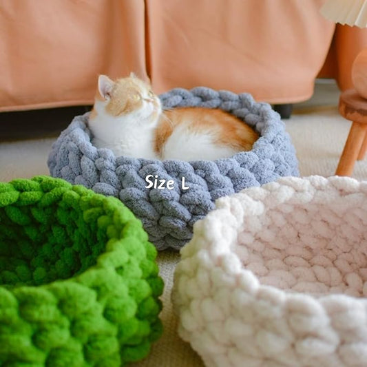 Cat Nest Bed - Premium Self Warming Handwoven Washable Extra Soft Round Cave House for Indoor Kitten & Kitty, Small & Large (MapleLeaf Red,Large)