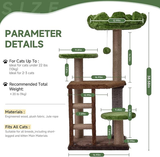 Cat Tree, 37.4-Inch Cat Tower with Plush Cozy Perch for Indoor Cats, Sturdy Tower with Fully Sisal-Wrapped Columns and Plush Toy Ball for Kitty Play, Green