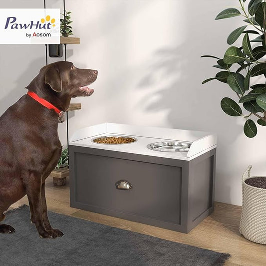 PawHut Feeding Station with Storage Drawer, Food Storage Cabinet with 2 Removable Elevated Bowls for Large Sized Dogs, Gray