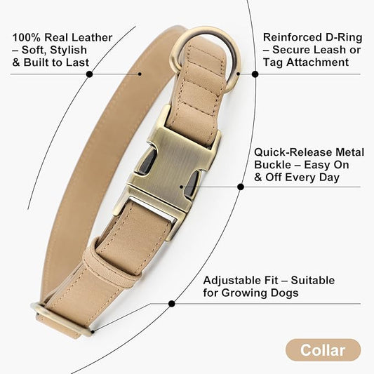 Plutus Pet Genuine Leather Dog Collar – Adjustable Pet Collar with Quick Release Metal Buckle, Soft Real Leather for Small Medium Large Dogs, Heavy Duty & Skin-Friendly (Beige, L)