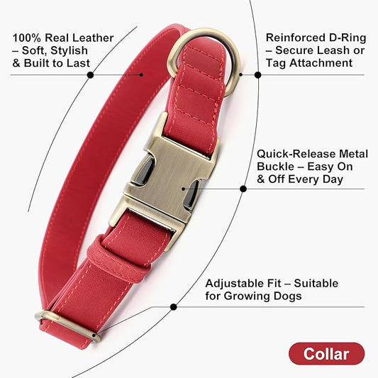 Plutus Pet Genuine Leather Dog Collar – Adjustable Pet Collar with Quick Release Metal Buckle, Soft Real Leather for Small Medium Large Dogs, Heavy Duty & Skin-Friendly (Red, L)