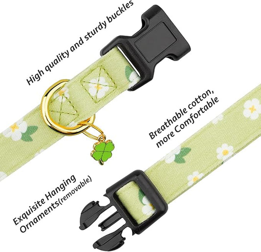 Cotton Handmade Dog Collar Cute and Distinctive Patterns Green Flower with Pendant for Girl Boy Dogs Collars S