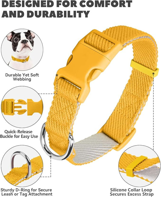 Dynmeow Soft and Breathable Cotton Dog Collar, Durable Adjustable Heavy-Duty Pet Collar with Quick-Release Buckle, Lightweight for Sensitive Skin for Medium and Large Dogs, Yellow, M