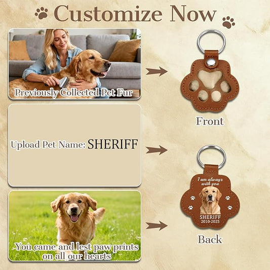 Eunigem Personalized Pet Hair Keychain for Dogs Cats-Custom Paw Keychains for Dog Hair-Shaped Leather Keychain,Pet Memorial Gifts Remembrance Accessory Refillable Keepsake for Bag or Key (Color-2)