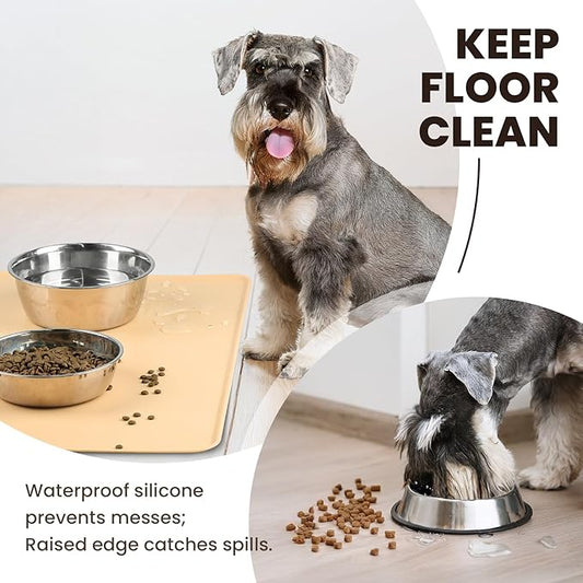 VIVAGLORY Dog Food Mat Flexmat Dog Bowl Mat, Placemat Food Tray with Raised Edges & Lip for Indoor Floor, Non Slip Waterproof Silicone Dish Placemat for Cat & Pet, L, Beige Yellow