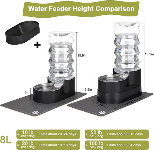 RIZZARI Large Water Dispenser for Dogs: 8L Black Raised Gravity Auto-Refill Waterer with Stainless Steel Bowl - Leak-Resistant & Easy Cleaning - Less Bending for Senior Dogs - Garage & Garden