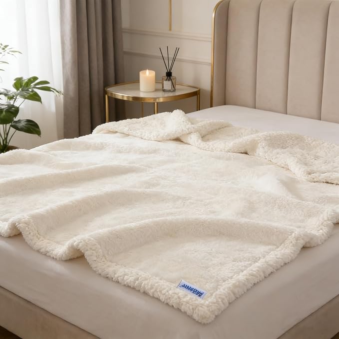 Waterproof Dog Blanket for Large Dogs - Reversible Washable Pet Blanket, Soft Sherpa Fleece Furniture Protector, Cat Throw Bed Couch, Cream, 60"x80"