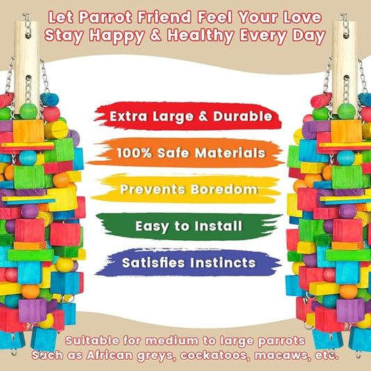 Extra Large Bird Toys for Macaws, Cockatoos - 21.6'' Heavy Duty Natural Parrot Toys for Chewing Foraging with SS Chain & Edible Colors for Medium to Large Parrots, African Grey, Cockatiel, Parakeet