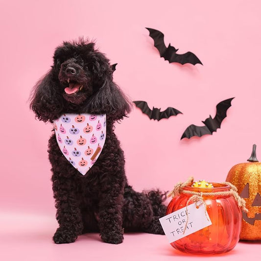 ADOGGYGO Pink Halloween Dog Bandanas 2 Pack, Reversible Ghost Pumpkin Scarf Bib, Adjustable Fit Pink Halloween Bandana for Small Dogs Girl (Small)