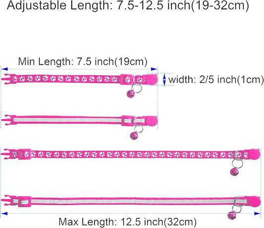 2 Pack Breakaway Cat Collars with Bells, Reflective Design and Claw Print Design, Safety Buckle, Adjustable 7.5-12.5 Inches for Kittens & Cats (Rose)