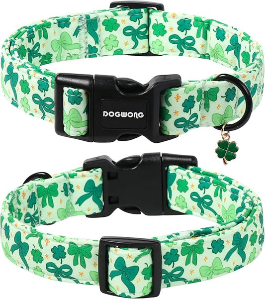 DOGWONG St Patrick's Day Dog Collar-Cute Green Clovers Dog Collar, Adjustable Cotton Shamrock Pet Collar Trefoil Puppy Collars with Quick Release Buckle,S