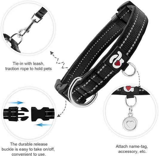 azuza Reflective Dog Collar,Soft Neoprene Padded Pet Collar with ID Tag Ring,Adjustable for Puppy and Small Dogs,Black,XS