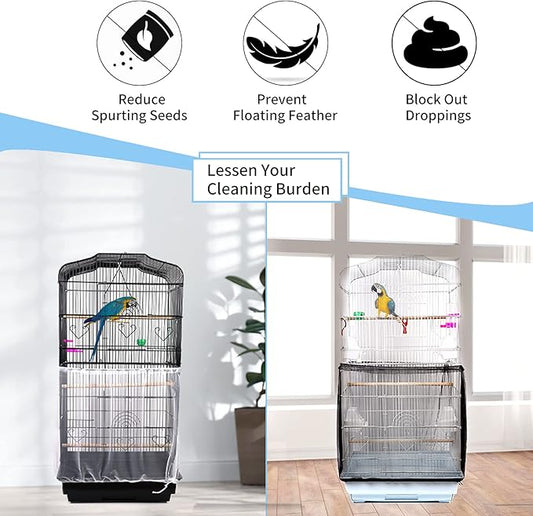 Daoeny Universal Bird Cage Cover, Adjustable Parrot Nylon Airy Soft Mesh Net, Seed Feather Catcher, Birdcage Cover Skirt Sheer Guard for Parakeet Macaw Round Square Cages (Black)