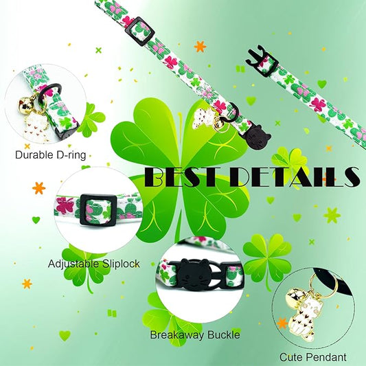 Elegant little tail St Patrick's 2 Pack Cat Collar- Trefoil Print Cotton Breakaway Cat Collars with Bell Pendant Kitten for Boy Girl Safety Adjustable Collar for Small Cats Puppy