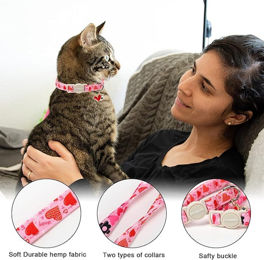 2 Pack Cat Collars Breakaway with Bell, DOGWONG Safety Buckle Valentine's Day Cat Collar Pink Heart for Girl Boy Cats and Small Dogs,Adjustable 7-12 Inch,Pet Supplies Accessories