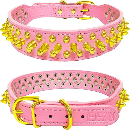 TEEMERRYCA Pink Leather Gold Spiked Studded Dog Collar for Female Puppy Small Medium Large Pets,Pit Bulls Bulldog, Keep Dog Safe from Grabbing by Huge Dogs, XL 17.7"-20.5"
