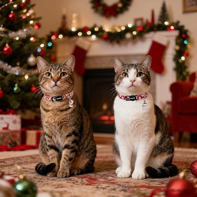 2 Pack Christmas Cat Collars Breakaway with Bell, DOGWONG Safety Buckle Santa Claus Christmas Tree Cute Cat Collar for Girl Boy Cats,Adjustable 7-12 Inch