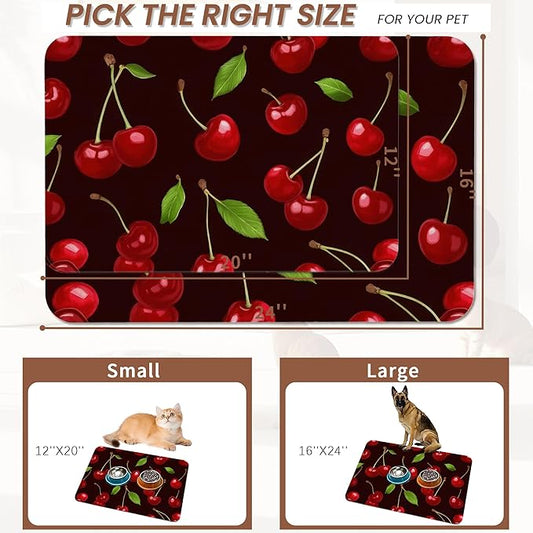 Red Cherry Pet Feeding Mat,Absorbent Quick-Dry Cat Dog Food and Water Bowl Mats,Non-Slip Rubber Backing Mat,Cat Dog Accessories Supplies 12"x20"