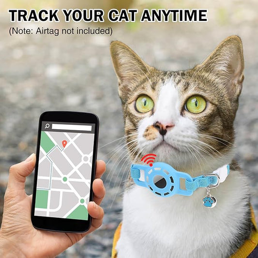 Airtag Cat Collar Breakaway, Stretchy Cat Tracker Collar with Apple Air Tag Holder for Boy Girl Cats, Elastic GPS Tracking Collars for Kittens and Puppies, Adjustable 9"-12" Blue