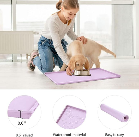 Dog Food Mat,Silicone Waterproof Food Tray,Non Slip Pet Bowl Mats Placemat,0.6" Raised Edge,Suitable for Most Small and Medium Sized Pets,24" x 16"