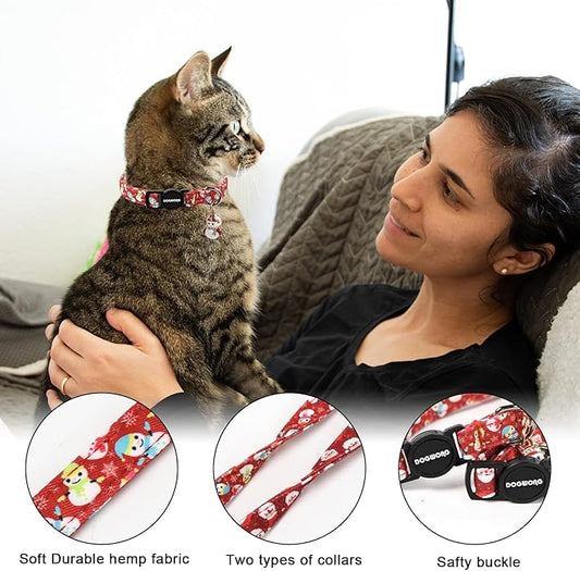 2 Pack Christmas Cat Collars Breakaway with Bell, DOGWONG Safety Buckle Santa Claus Christmas Tree Cute Cat Collar for Girl Boy Cats,Adjustable 7-12 Inch