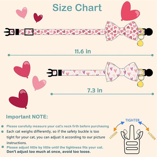 Faygarsle 2 Pack Valentine's Day Cat Collar Cute Loving Heart Printed Collar with Bow tie Breakaway Pink Purple Cat Collar for Boy Girl Cats