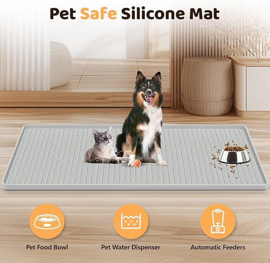 Silicone Cat & Dog Food Mat, 40"x 28" Extra Large Pet Feeding Mat for Cats and Dogs Bowl, Pet Placemat for Food and Water with Raised Edge, Waterproof, Leakproof (Grey)