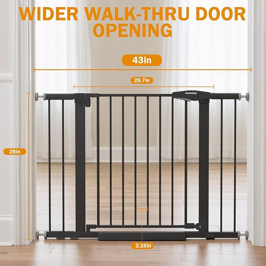 Baby Gate for Stairs, 29.7-43" Auto Close Dog Gate for Doorways & Hallways, Pressure Mounted Pet Gate with Walk Thru Door, Easy Install Safety Gate for Children & Pets, No Drilling, Dual-Lock Design