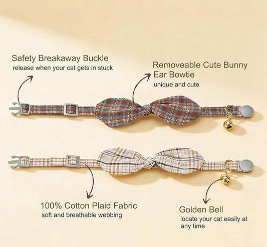 Cotton Bowtie Cat Collar with Bell 2 Pack Plaid Breakaway Kitten Collars with Removeable Bunny Ear Bow(Amber+Beige)