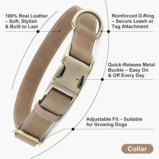Plutus Pet Genuine Leather Dog Collar – Adjustable Pet Collar with Quick Release Metal Buckle, Soft Real Leather for Small Medium Large Dogs, Heavy Duty & Skin-Friendly (Ash Brown, S)