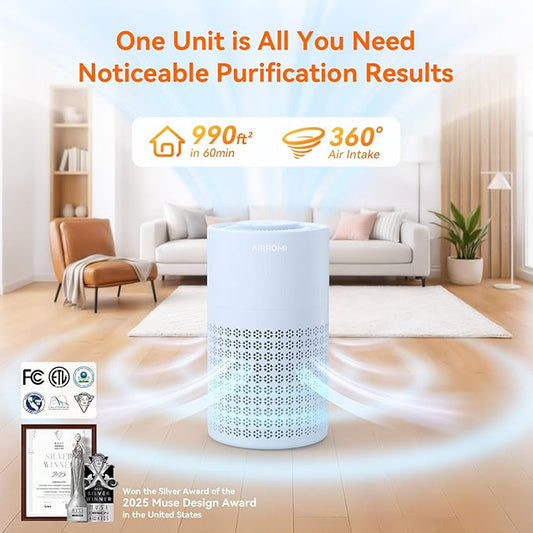 AIRROMI Air Purifier for Bedroom with HEPA 3-in-1 Filter, Pet Air Purifier for Home Cat Pee Smell, Covers Upto 990 Ft², Quiet 360° intake Air Cleaner for pet hair,allergies,Dust,Smoke A2001 Blue