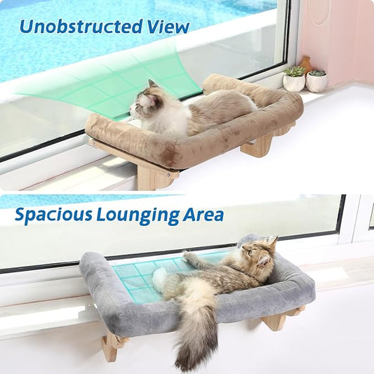 Zakkart Cat Perch for Window Sill with Bolster - Orthopedic Hammock Design with Premium Hardwood & Robust Metal Frame - Cat Window Seat for Large Cats - Natural Color Wood Gray Bed, XLarge 26.4''W