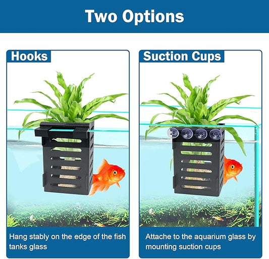 Aquarium Plant Holder 4 PCS Hanging Aquatic Plant Pot with 24 Hooks and 20 Suction Cups for Fish Tank Aquarium Planter and Aquascape Decorations (Black)