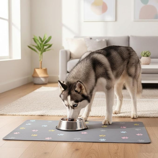 Pet Feeding Mat Absorbent Dog Mat for Food and Water Non Slip Quick Dry Dog Bowl Mats for Floors 27" X 17" Paw Light Gray