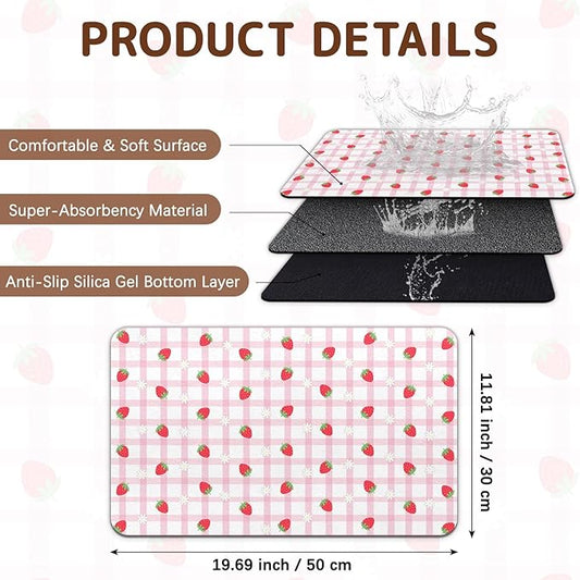 Dog Food Mat for Bowls, Absorbent Quick Dry Dog Cat Mats for Food and Water, Non-Slip Backing Pet Mat Pet Supplies - Strawberry Pattern