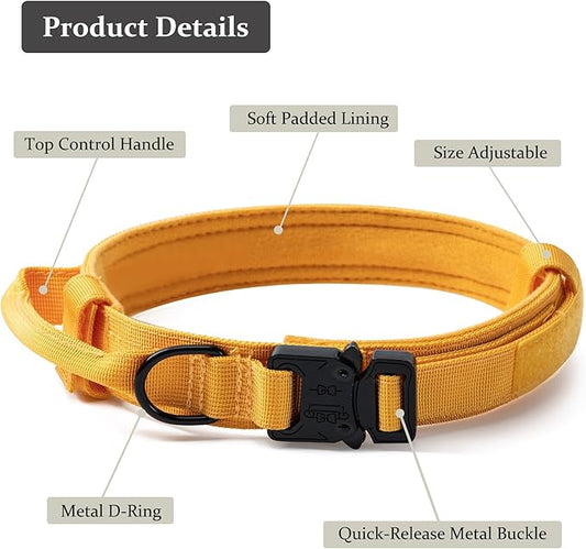 Tactical Dog Collar, Adjustable Military Training Nylon Dog Collar with Control Handle and Heavy Quick-Release Metal Buckle for Small Medium Large Dogs, Yellow M